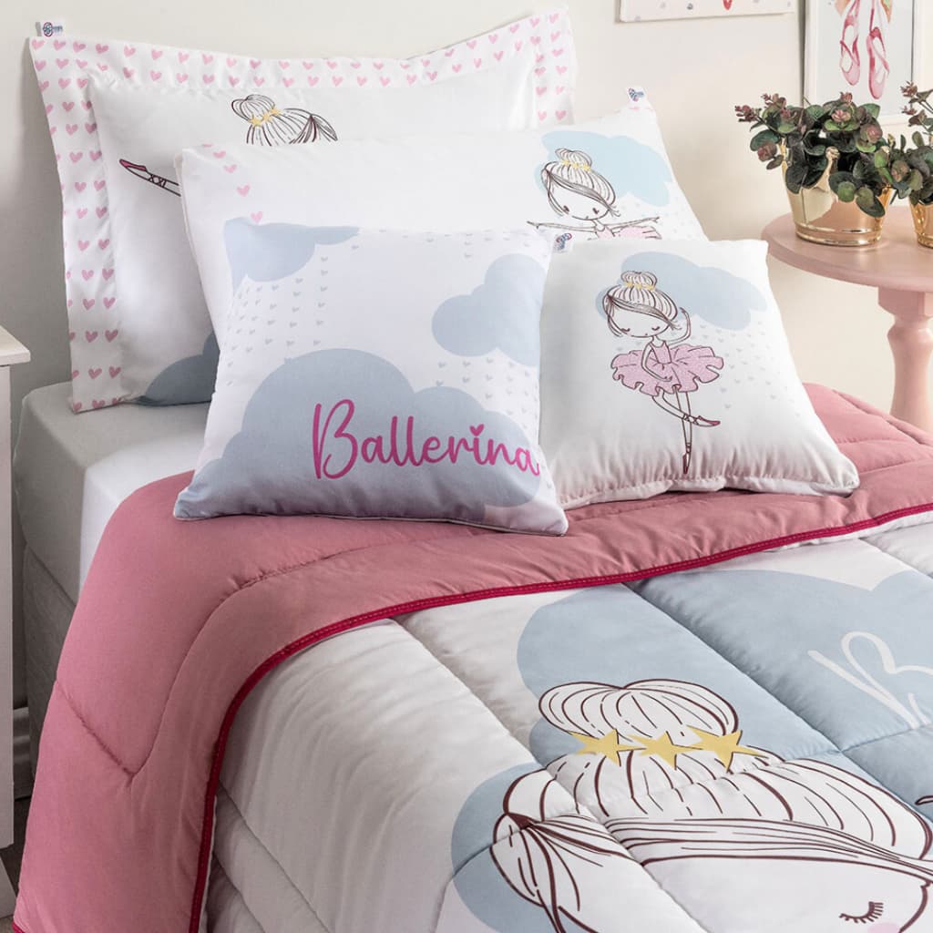 Kit Edredom Infantil Bailarina com 5 Peças - Solteiro - Rosa, Branco e Azul
