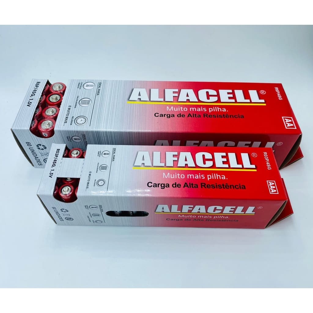 Caixas de pilhas ALFACELL AA e AAA, vermelhas, com fundo branco.
