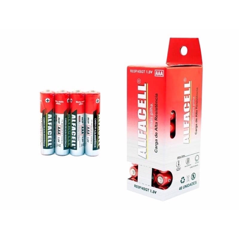 Kit de pilhas ALFACELL com quatro pilhas AA e uma pilha AAA em embalagem vermelha