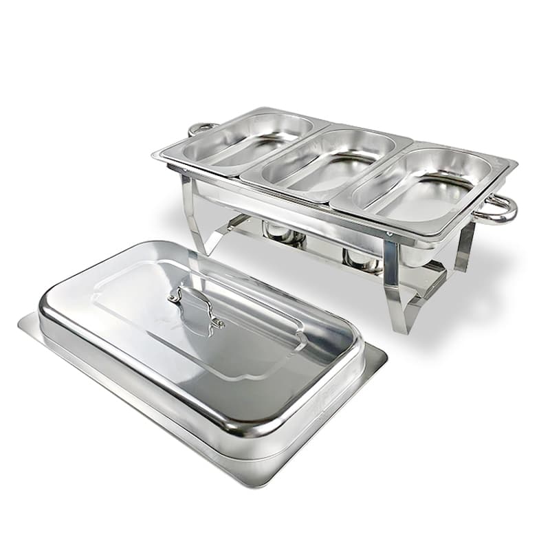 Rechaud Retangular 12L Aço Inox Banho Maria Com 2 Fogareiro Buffet Restaurante Festas 3 Cubas