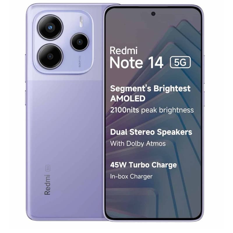Xiaomi Redmi Note 14 com câmeras triplas e display AMOLED, cor roxo metálico
