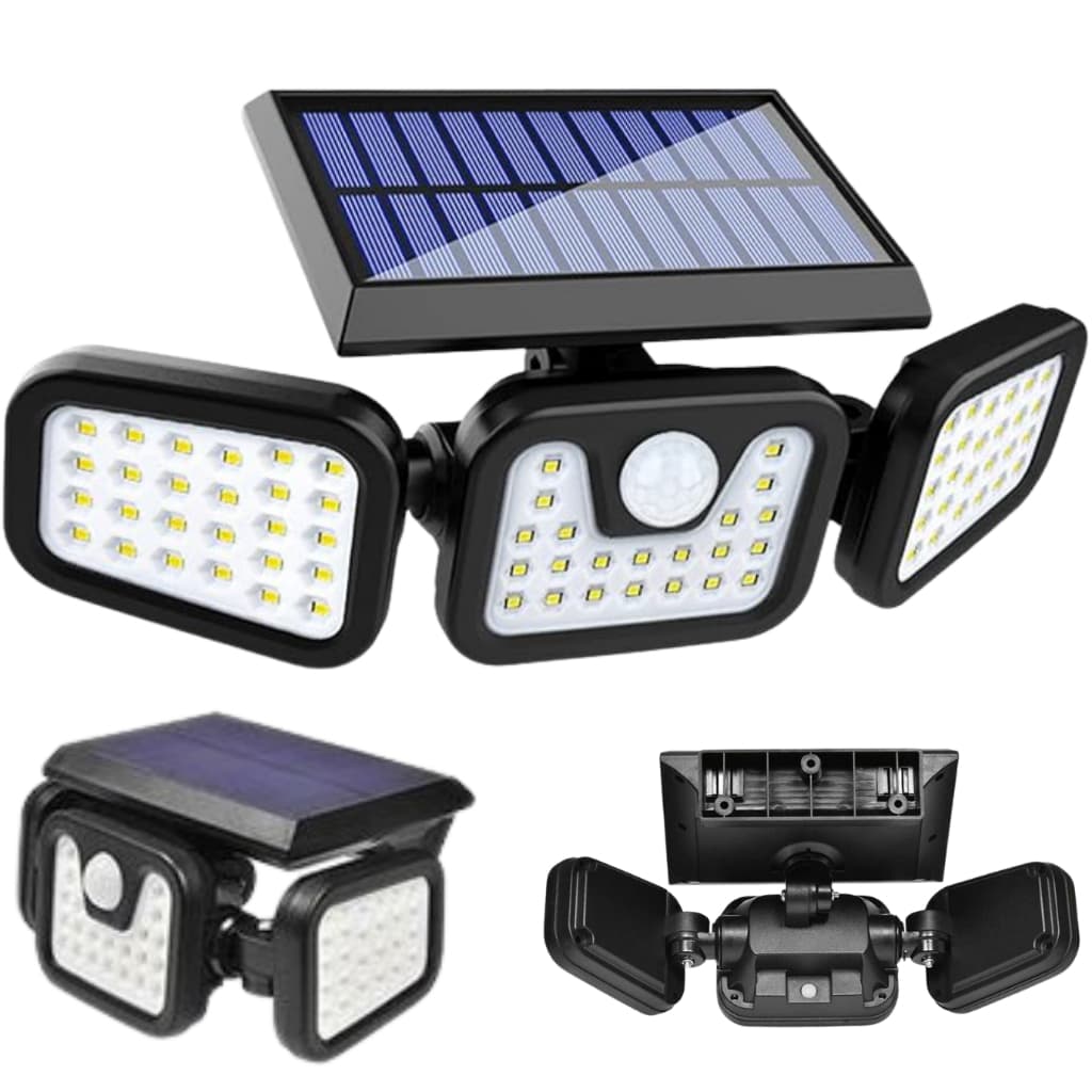 Luminária solar LED com sensor de movimento, três unidades, painel solar e LEDs brancos, preto