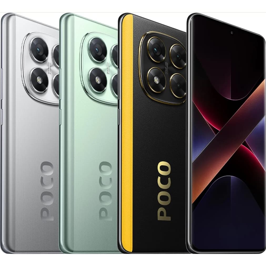 Xiaomi Poco X7 em quatro cores: prata, verde, amarelo e preto, mostrando câmera traseira quadrada e logotipo POCO dourado