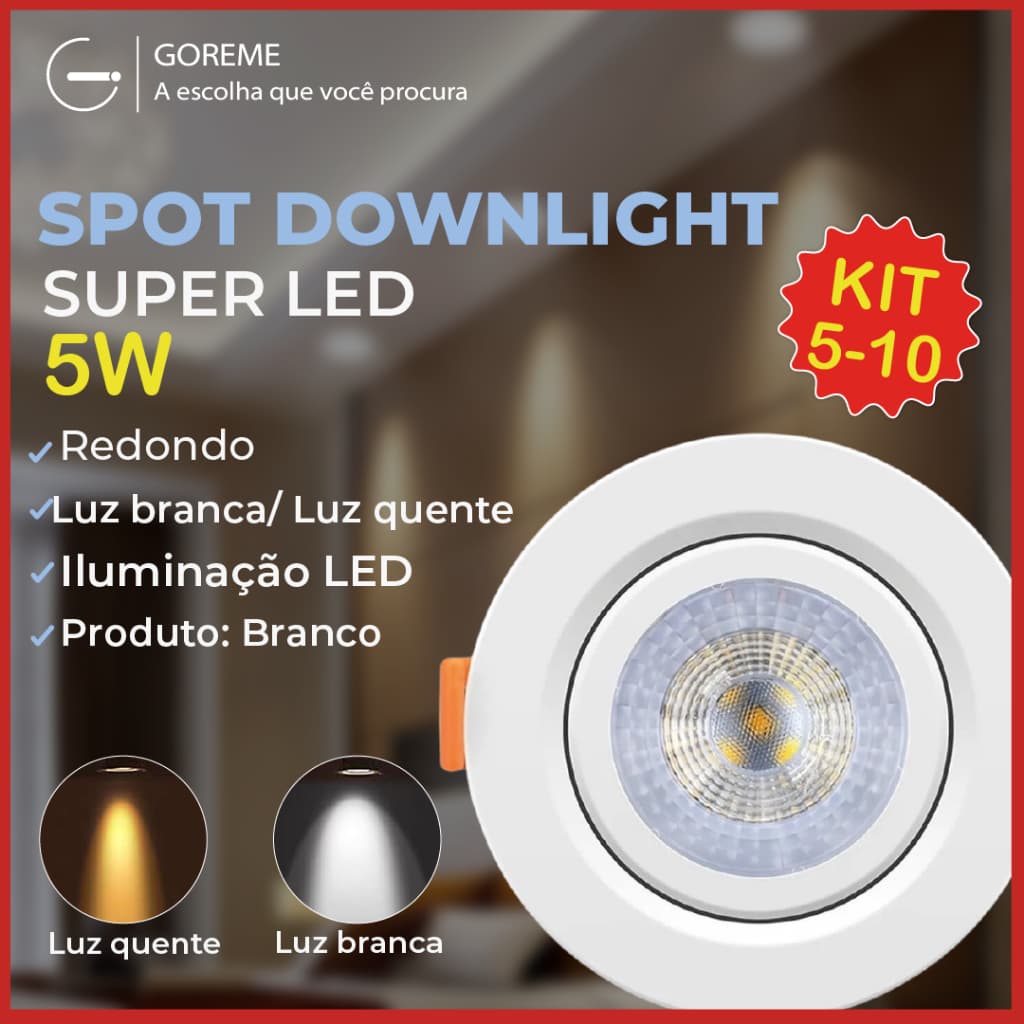 Kit 10 Luminária Spot Led Redondo Direcionável 5W Embutir Gesso Teto Luz Fria Luz Quente Bivolt Spot