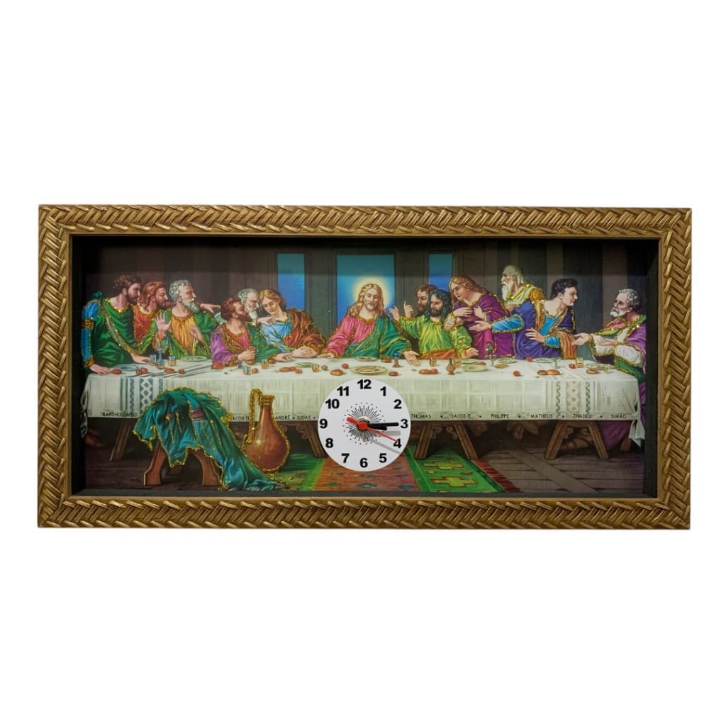 Quadro decorativo relógio Última Ceia moldura dourada vidro protetor