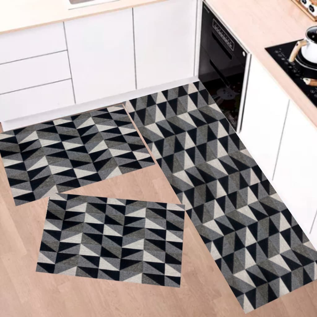 Tapetes antiderrapantes geométricos pretos, cinza e branco para cozinha e sala