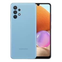 Smartphone Samsung Galaxy A32 128GB Azul, vista traseira com câmeras e logo Samsung