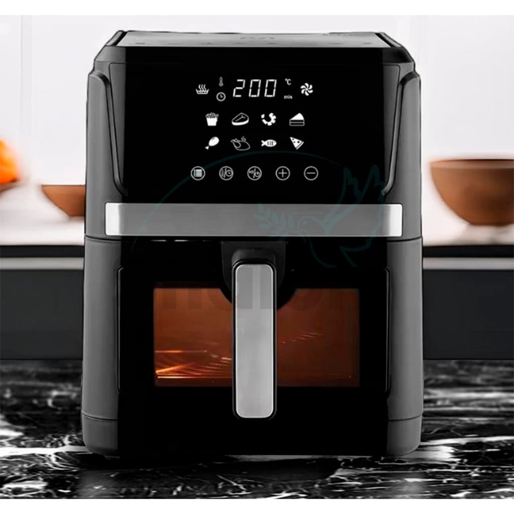 Fritadeira elétrica preta com painel digital de 8 litros, 1600W, sem óleo, mostrando temperatura e ícones de alimentos.
