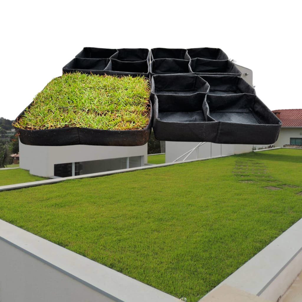 Módulos de vaso em feltro para telhado verde dispostos em uma estrutura modular