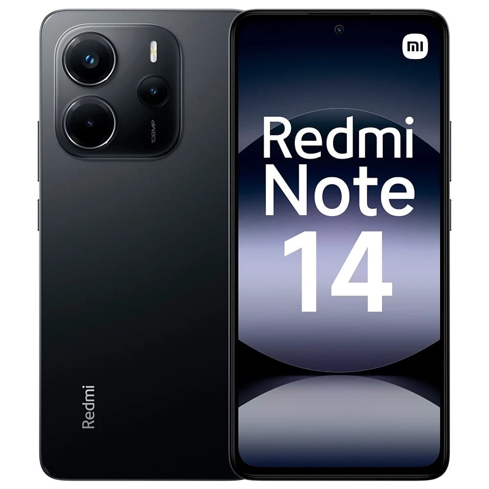 Xiaomi Redmi Note 14 smartphone com câmera tripla e texto na tela