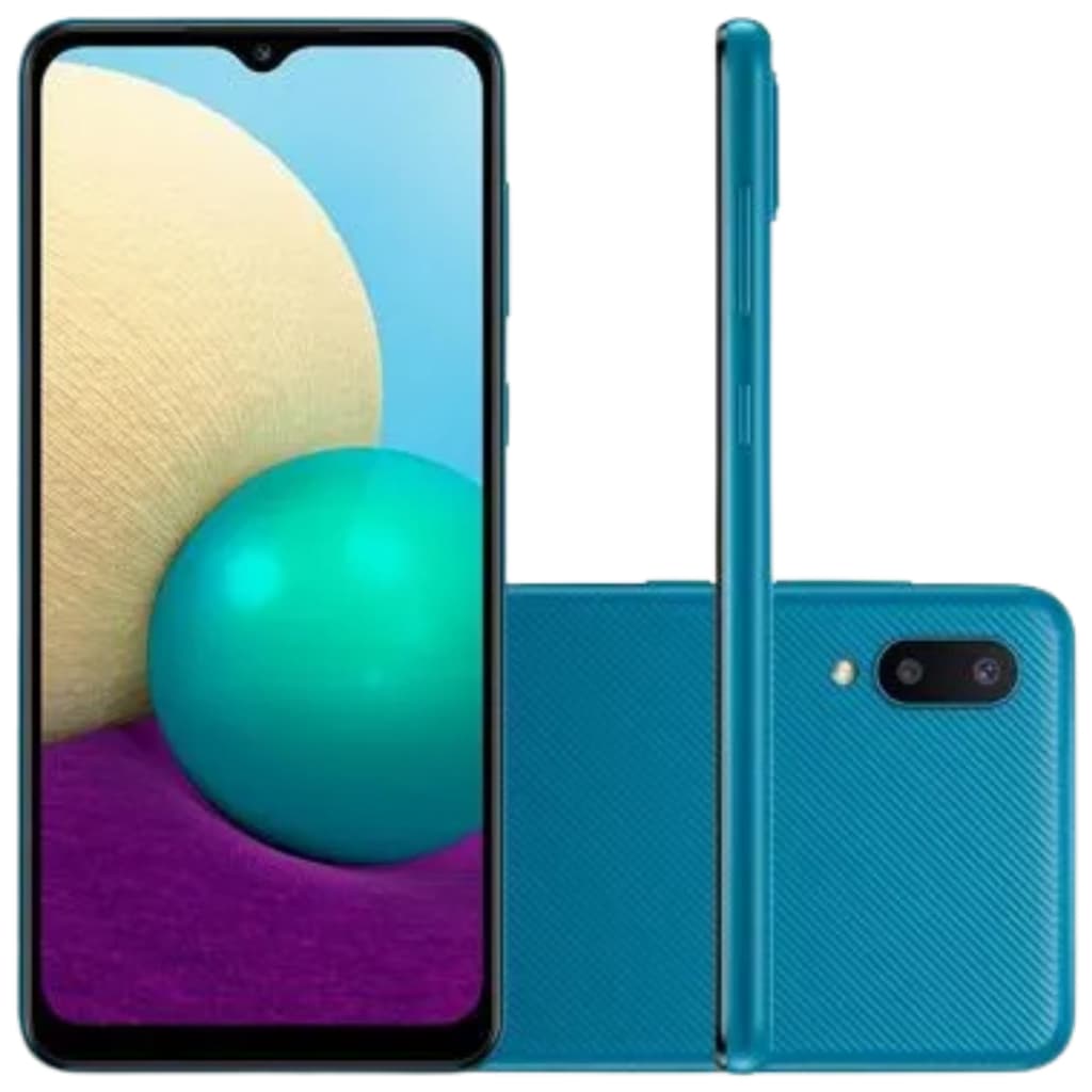 Smartphone Samsung Galaxy A02 32GB azul, vista frontal e lateral, em fundo branco.
