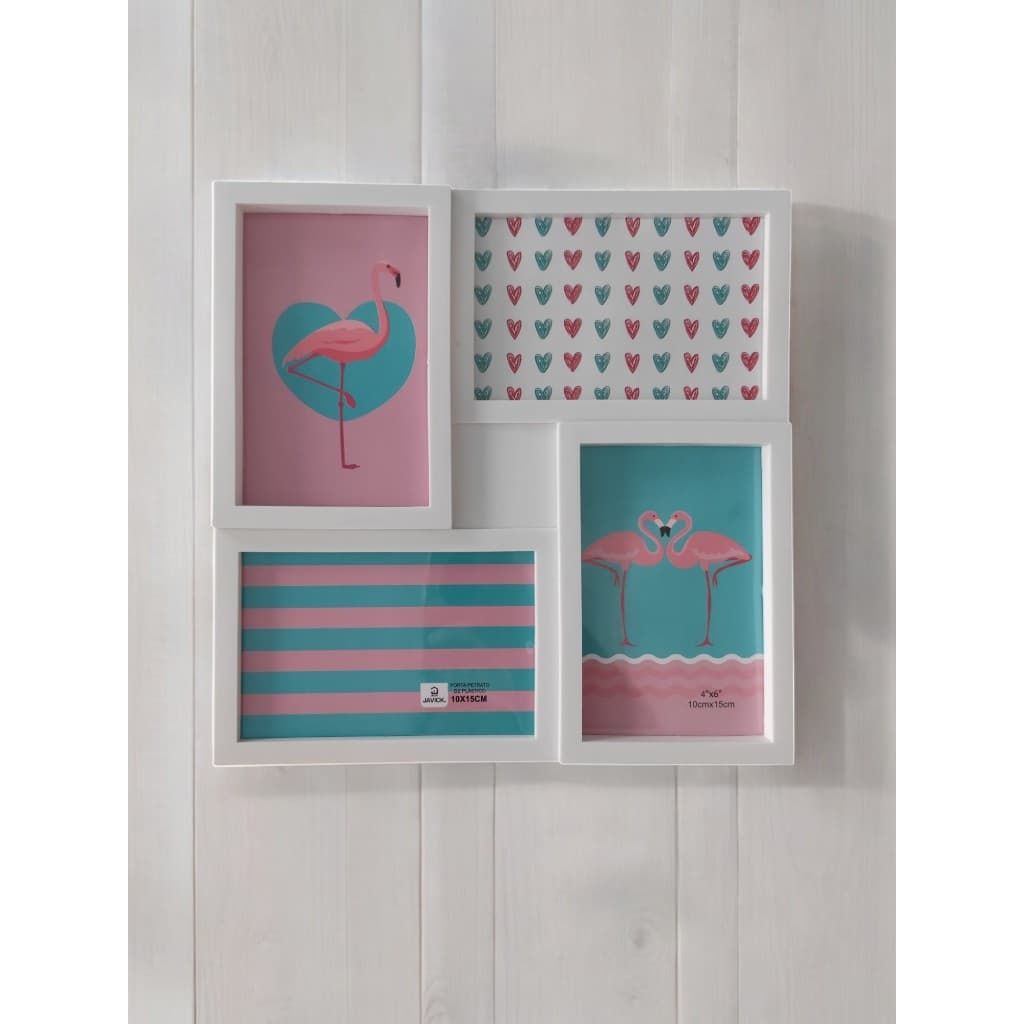 Porta-retratos decorativos com flamingos e corações, molduras brancas, fundo branco.