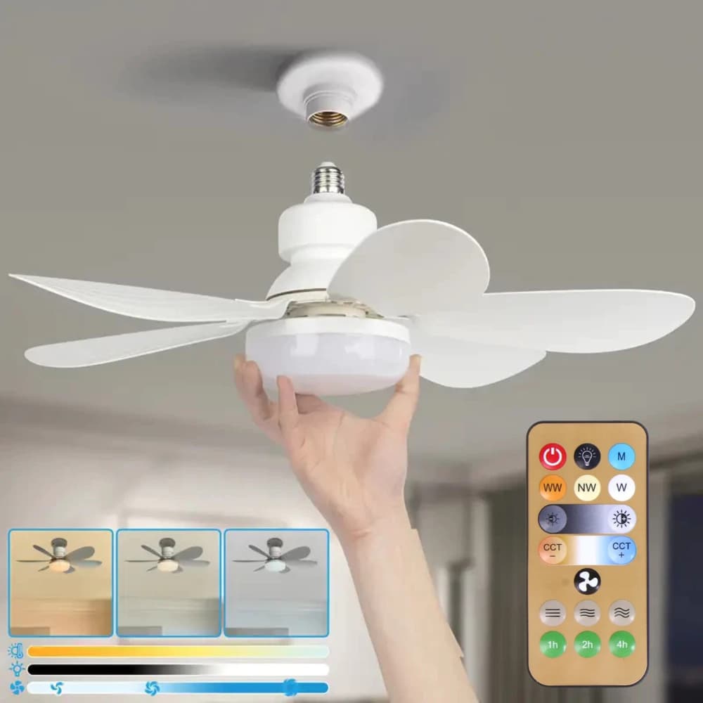 Ventilador de teto branco com luz LED e controle remoto, opções de temperatura de cor e velocidade