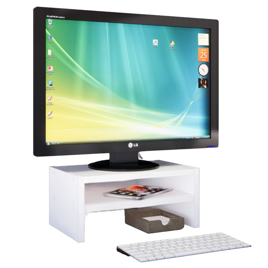 Suporte para monitor branco em MDF para mesa, com compartimentos e teclado branco