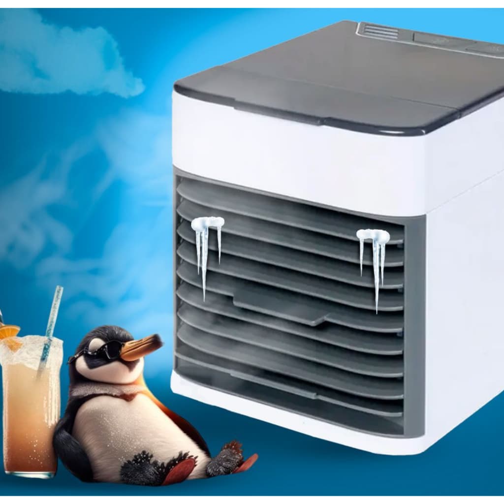 Ar condicionado portátil branco e cinza com pingente de gelo e pingüim