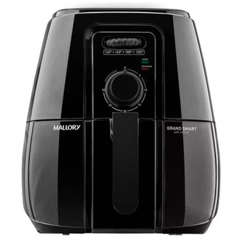 Fritadeira Mallory Grand Smart Air Fryer 4 Litros, preta, controle de temperatura, logotipo Mallory, fundo branco.