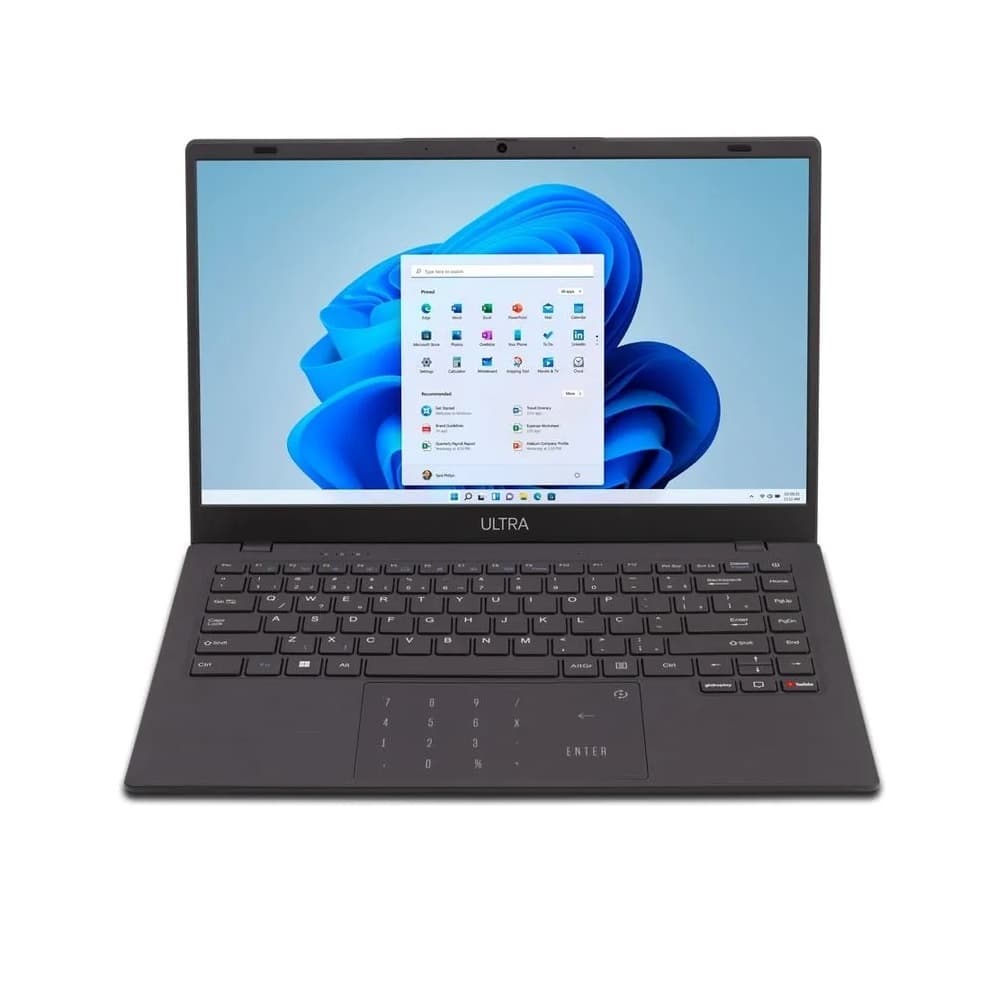 Notebook 14' Multilaser Ultra UB250, tela aberta com Windows 11, teclado preto, fundo branco