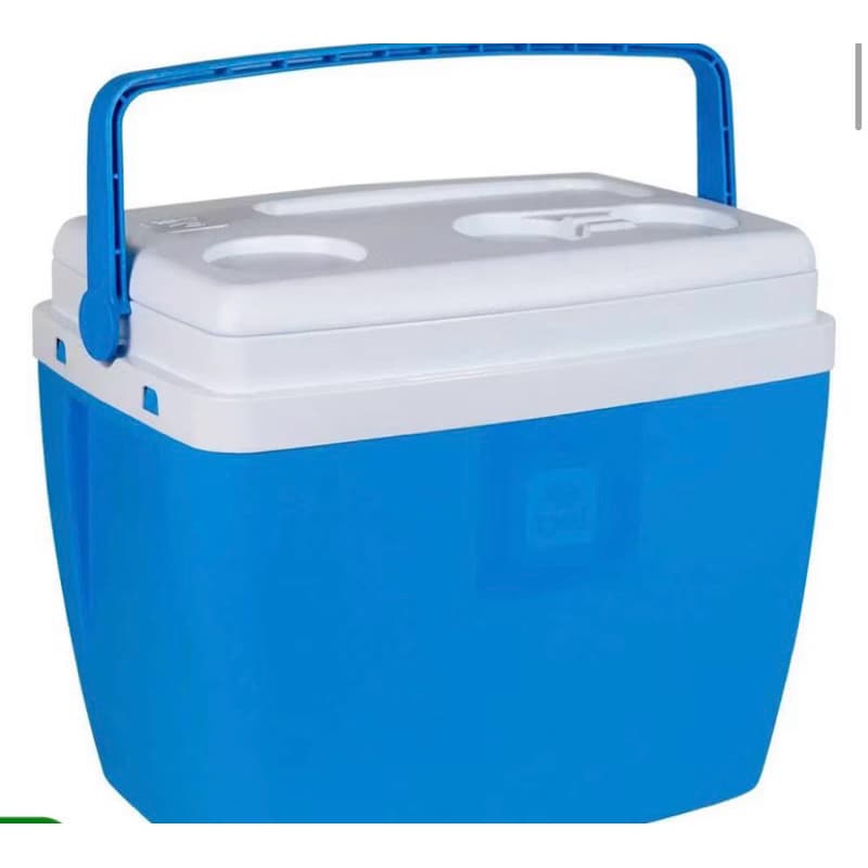 Caixa térmica Cooler 36 litros azul e branco, com alça e compartimentos para copos