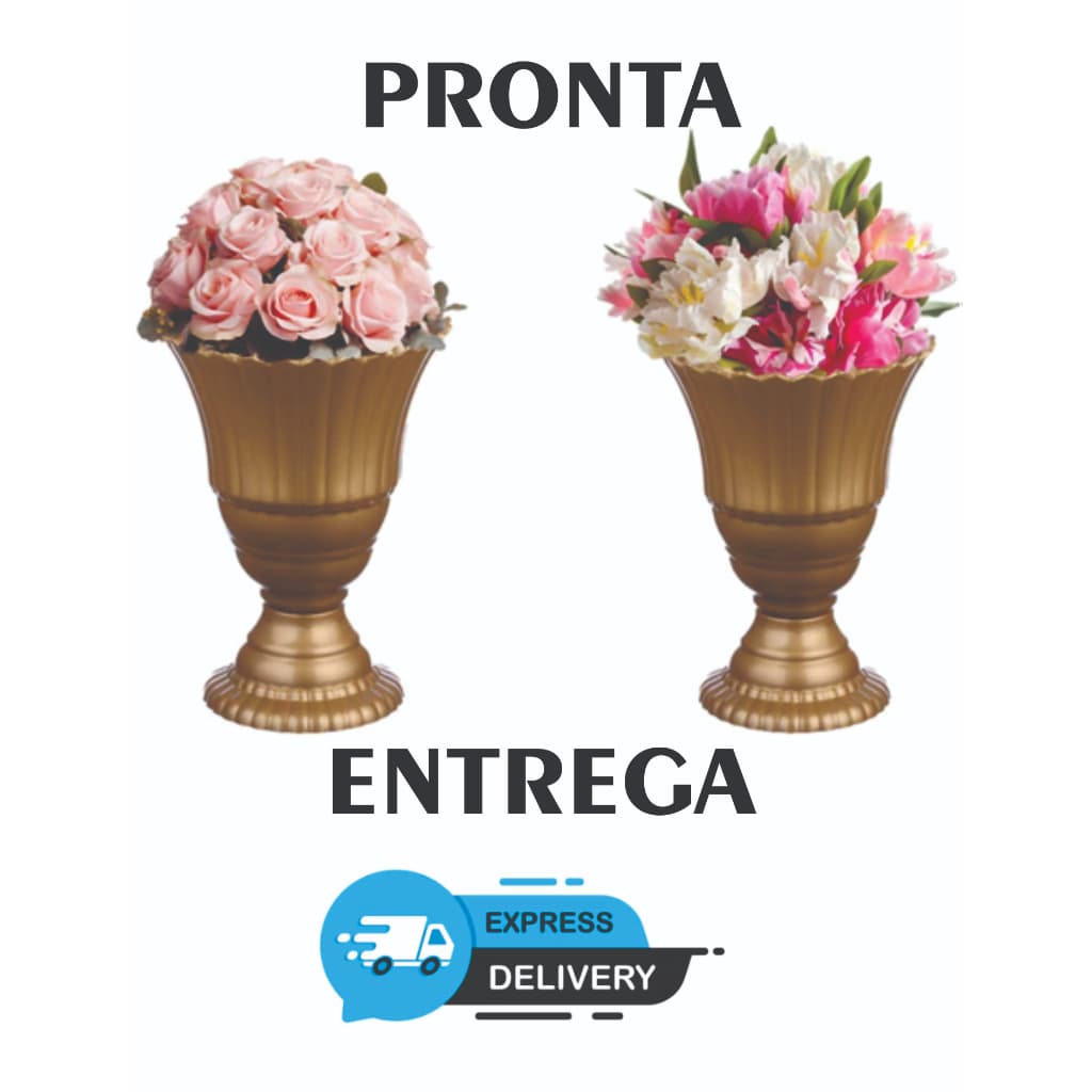Duas vasos decorativos de plástico dourado com flores artificiais, prontos para entrega expressa