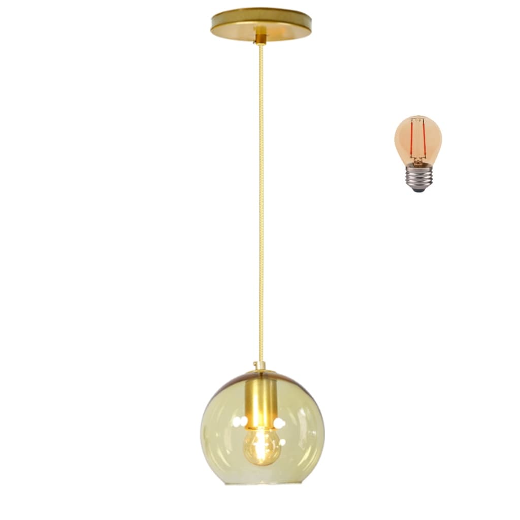 Luminária pendente com cúpula de vidro âmbar e cúpula de metal dourado, lâmpada incandescente incluída, fundo branco.