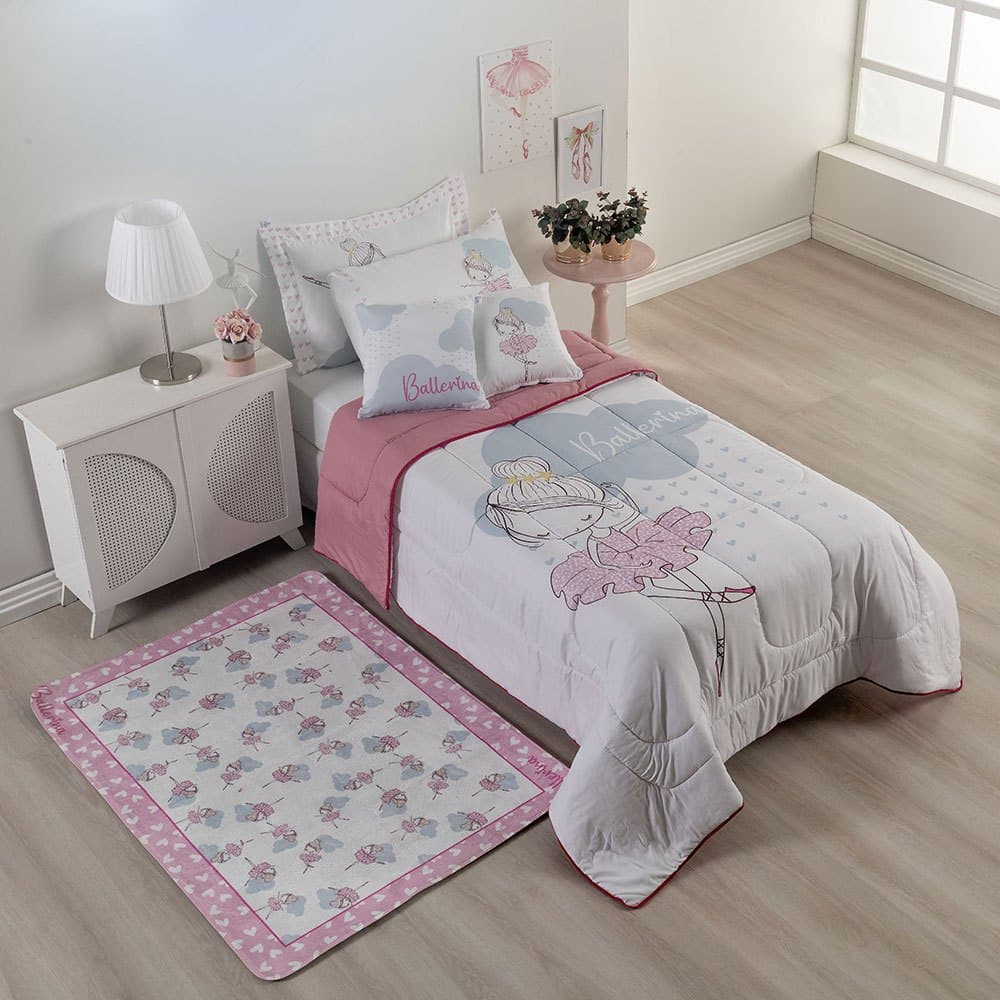 Edredom infantil com estampa de bailarina, branco e rosa, para cama de solteiro