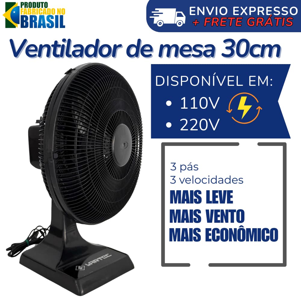 Ventilador de mesa 30cm Lartec3 com 3 pás e 3 velocidades, preto, 110V e 220V
