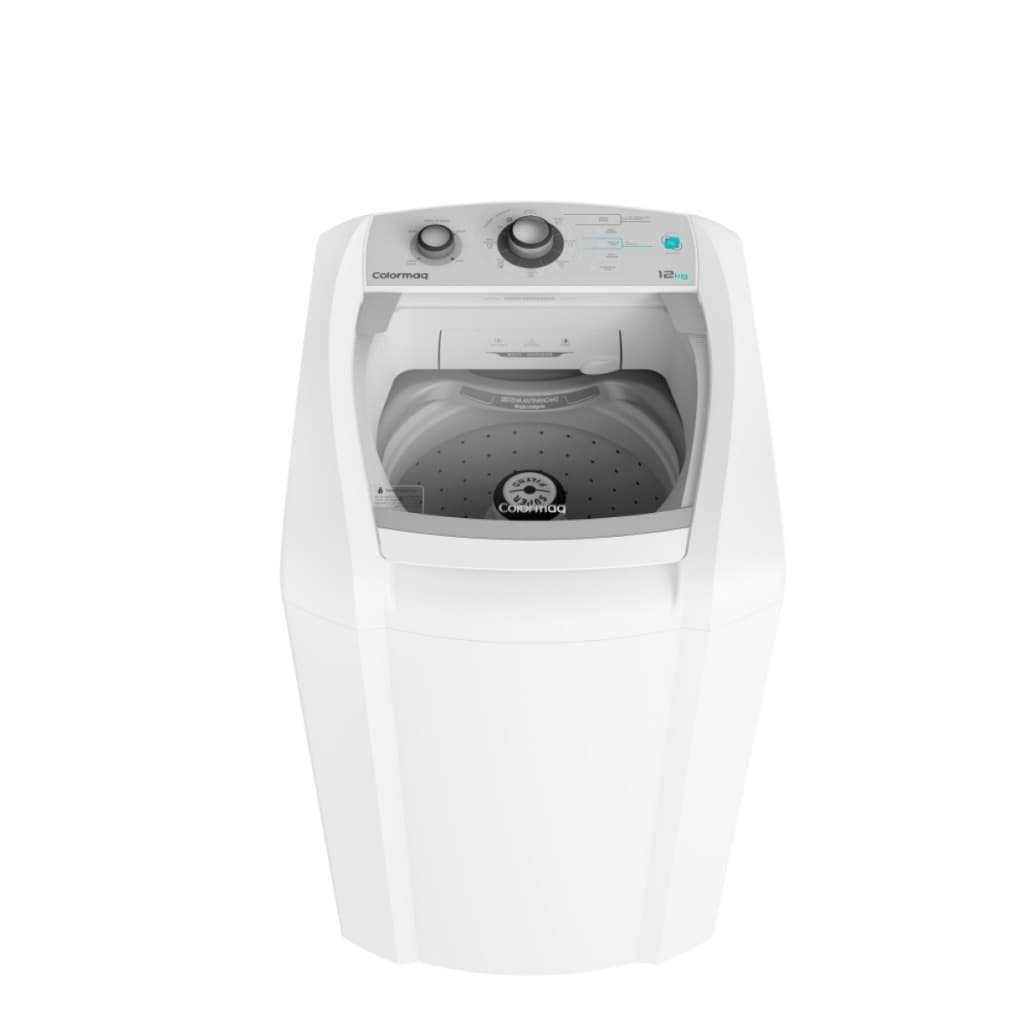 Máquina de lavar roupa Colormaq 12kg branca em pé, ângulo frontal, fundo branco, porta aberta
