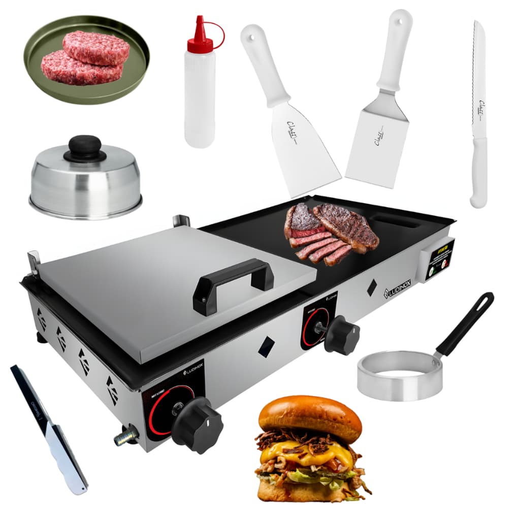 Chapa de cozinha industrial 70x30 com acessórios, vista frontal, fundo branco