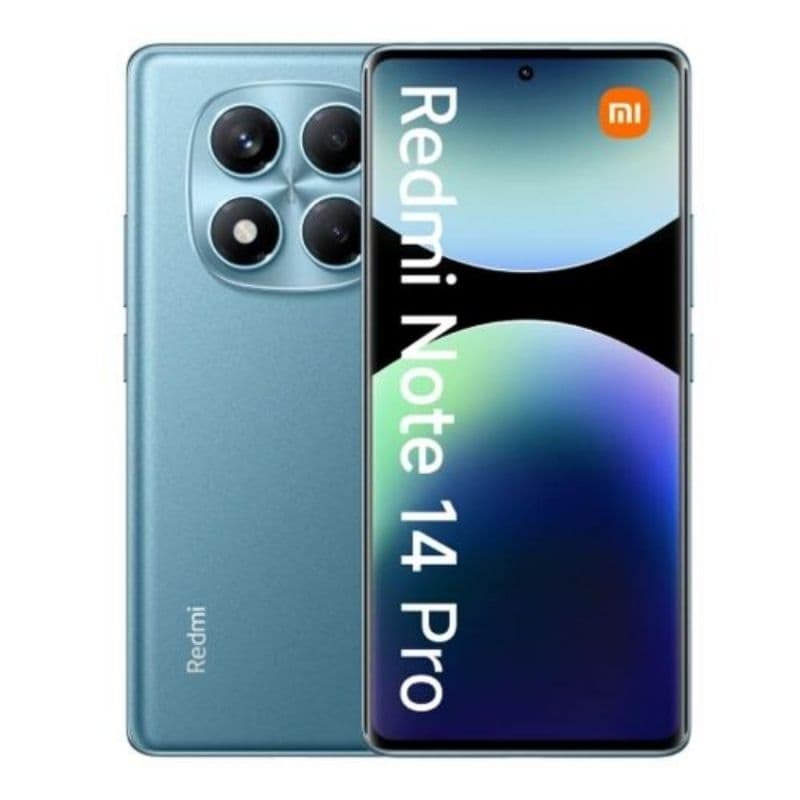 Smartphone Redmi Note 14 Pro, cor azul, fundo branco, câmera quadrupla, logo Xiaomi, tela OLED, texto 'Redmi Note 14 Pro'