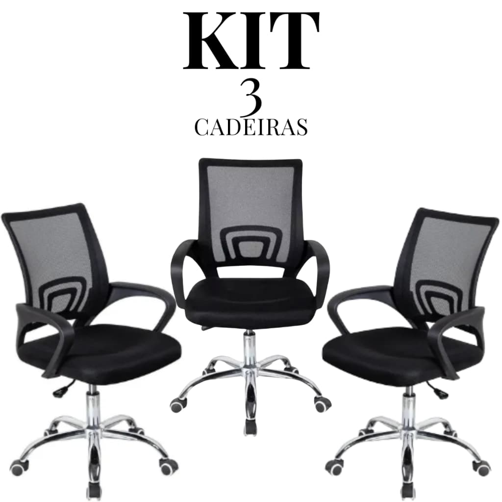 Kit 3 Cadeiras de Escritório Escrivaninha Leitura Diretor Secretária Detroit Preta