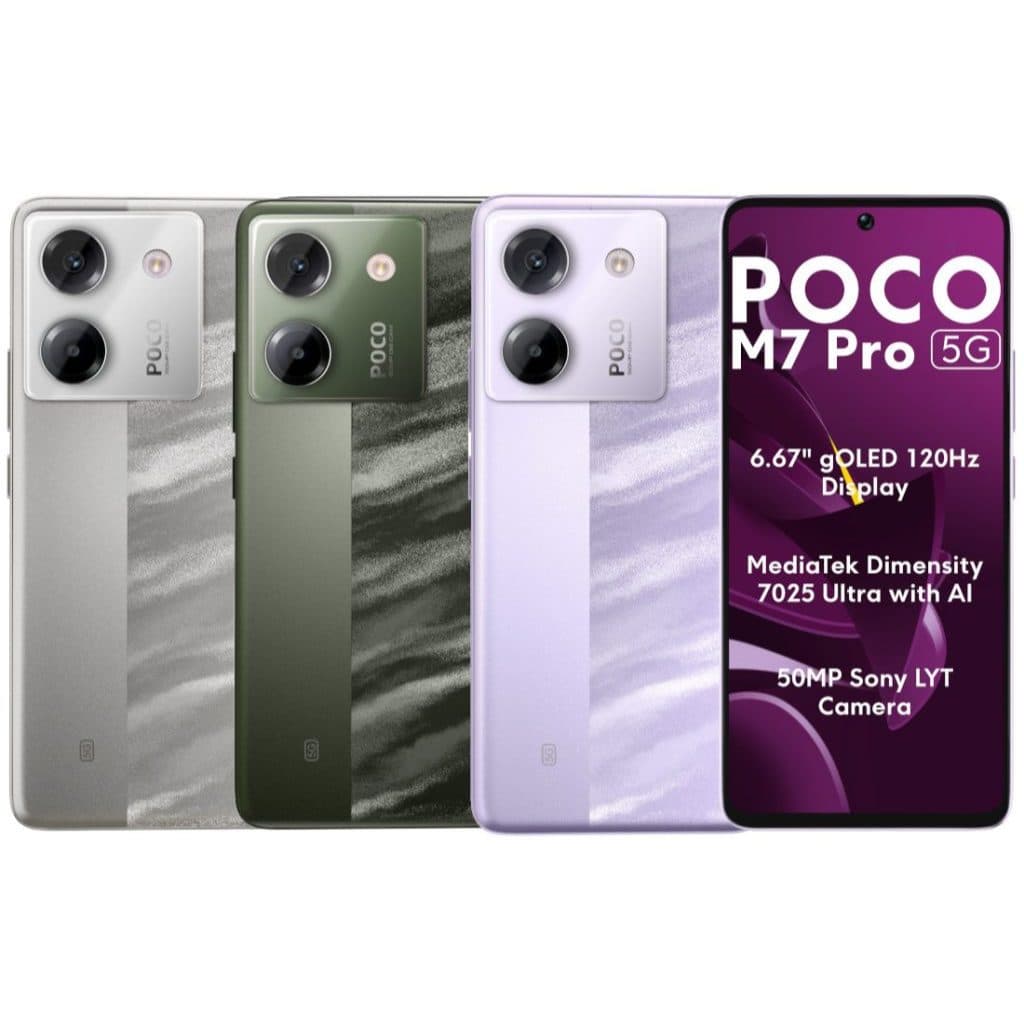 Xiaomi Poco M7 Pro 5G, quatro versões, cinza, verde, púrpura e cinza claro, quatro câmeras traseiras, tela AMOLED 120Hz, 5G