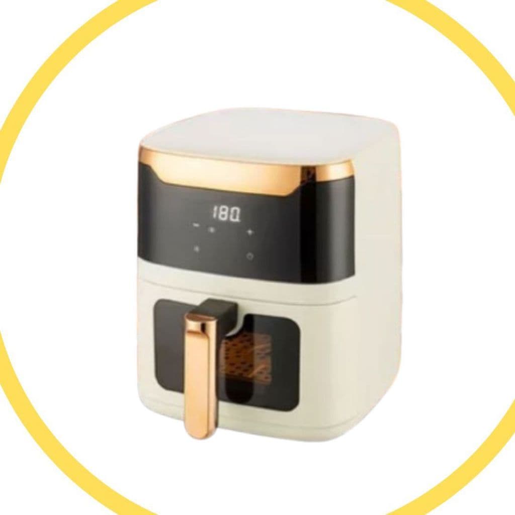 Air fryer branca com detalhes dourados, visor digital e alça dourada, modelo FSH123, fritadeira sem óleo.