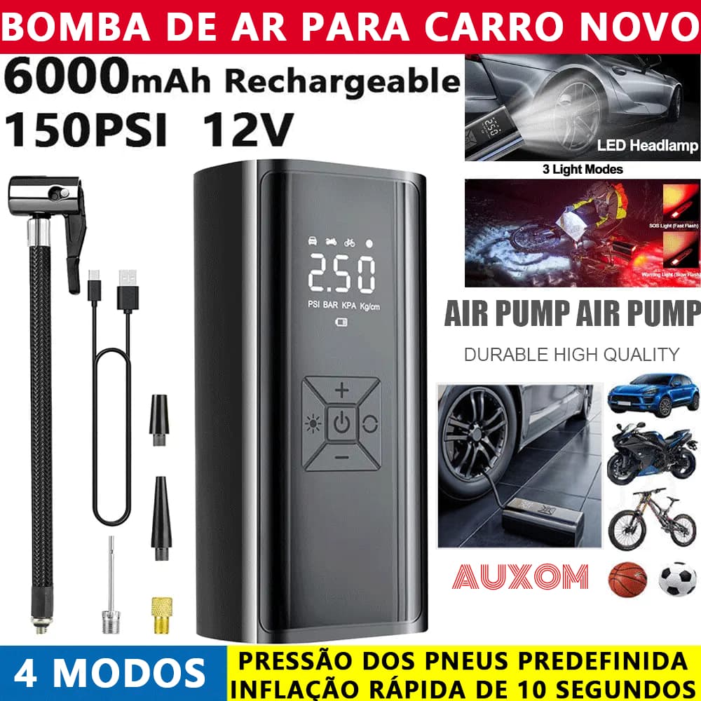 Compressor de Ar Portátil 150PSI para Carro e Outros Veículos com Acessórios
