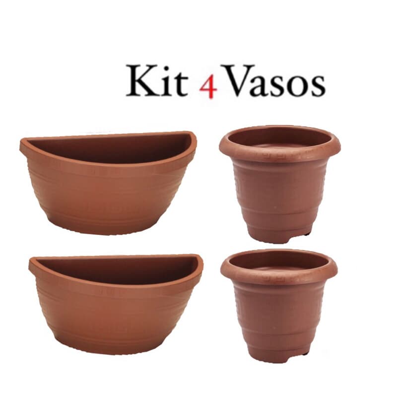 kit 4 vasos de jardinagem / 2 vasos redondo e 2 vasos de parede na cor terra-cota