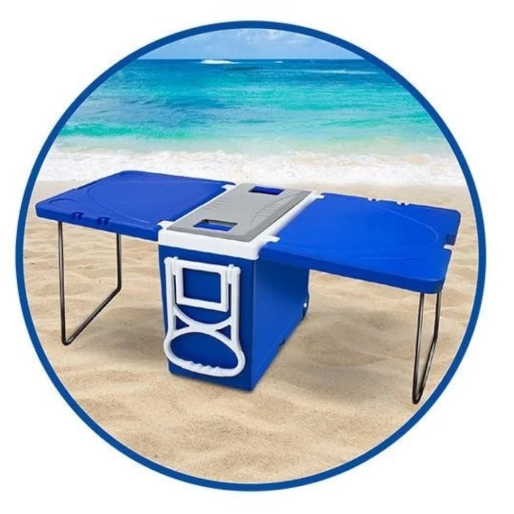 Caixa Térmica Azul 32 Litros com Mesa e Rodinhas na Praia