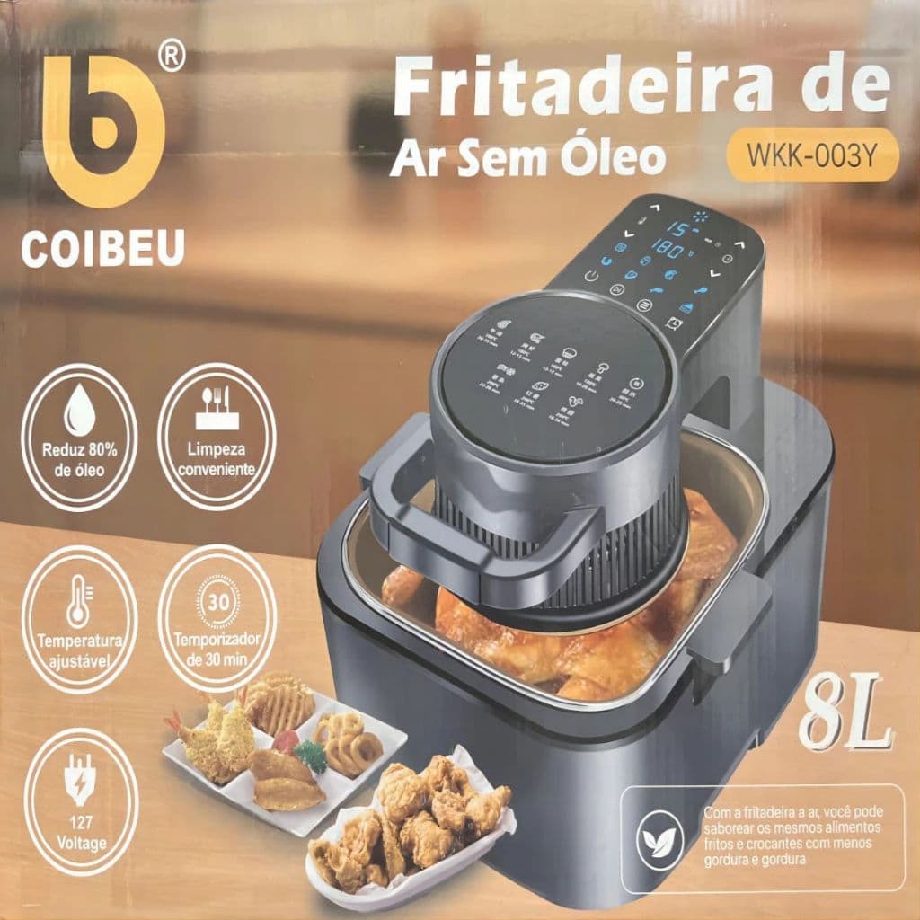 Fritadeira elétrica de ar sem óleo com controle digital, capacidade de 8L, panela removível e grelha