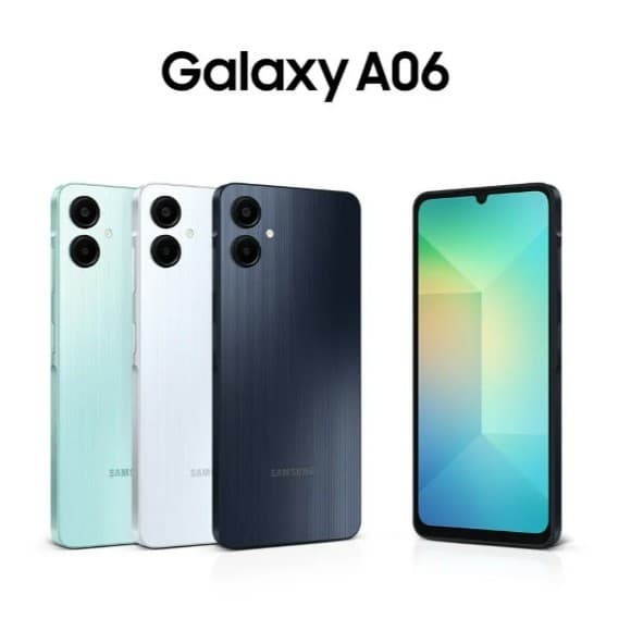 Smartphone Samsung Galaxy A06 em quatro cores: ciano, branco, preto e ciano com tela verde