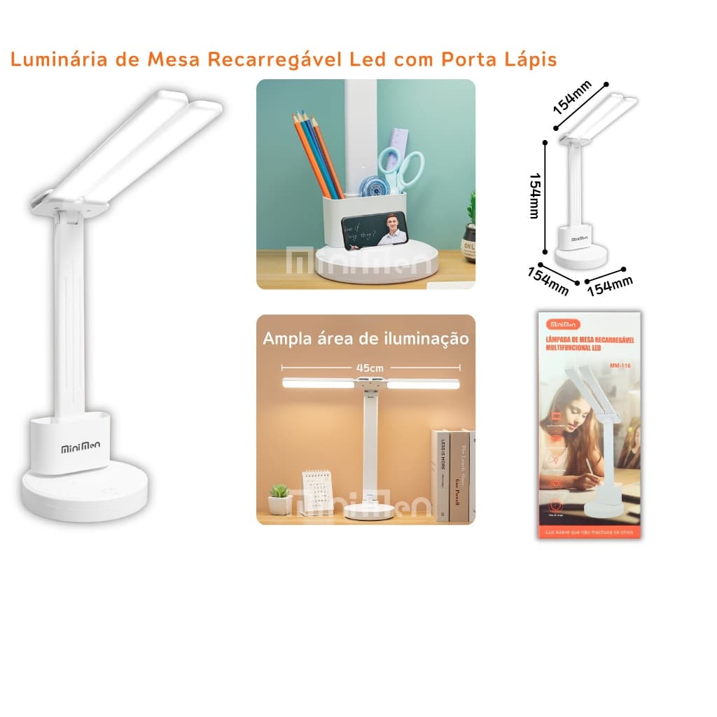 Luminária Mesa Com 3 Modos Recarregável Abajur Luminária Estudo Articulável Led Leitura Infantil Usb Sem Fio MM-116