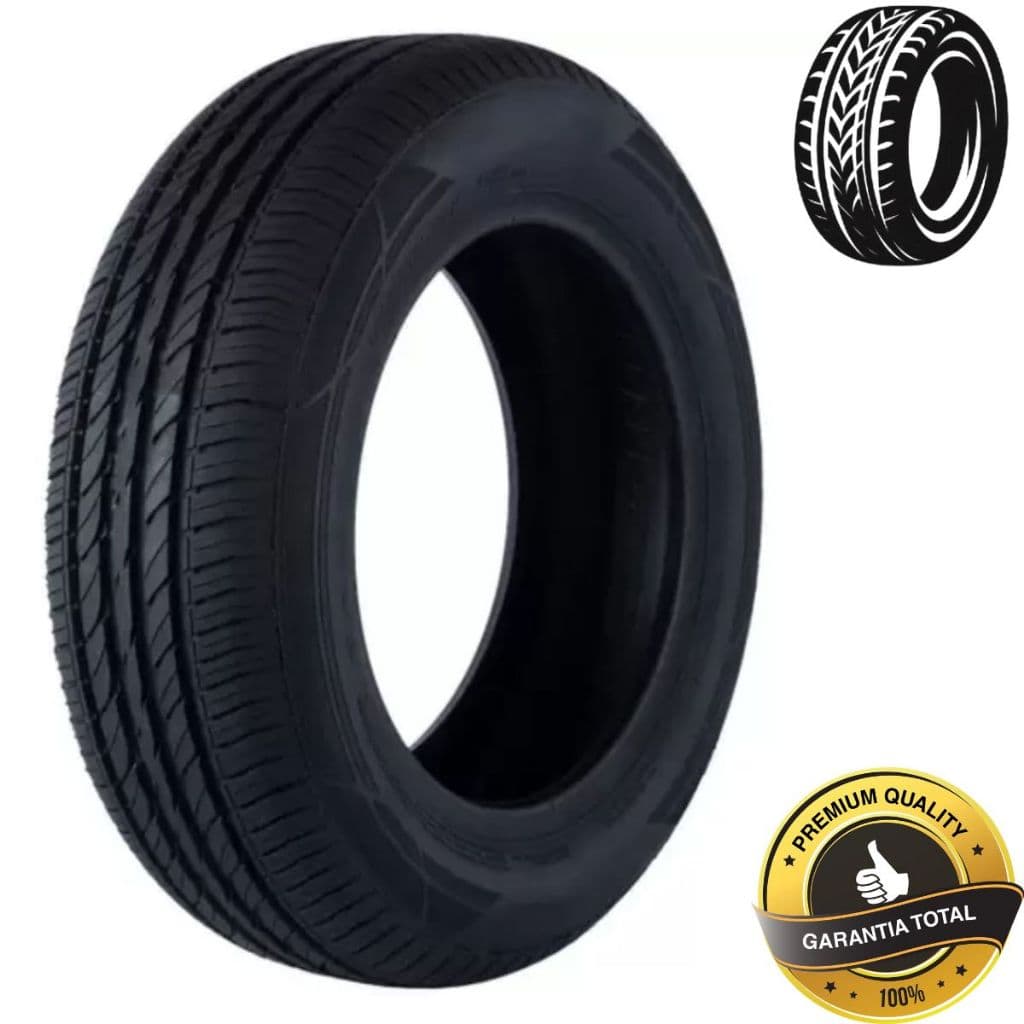 Pneu aro 14 preto com garantia total, padrão de piso visível, fundo branco