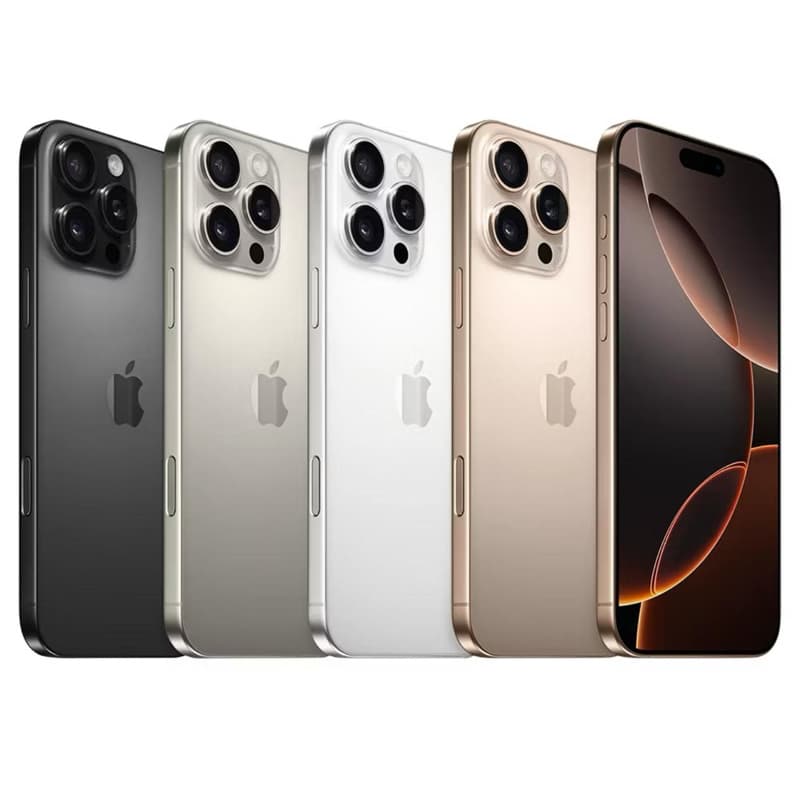 iPhone 16 Pro em várias cores, preto, prata, branco, ouro e preto esfumaçado, mostrando a câmera traseira e o logotipo da Apple