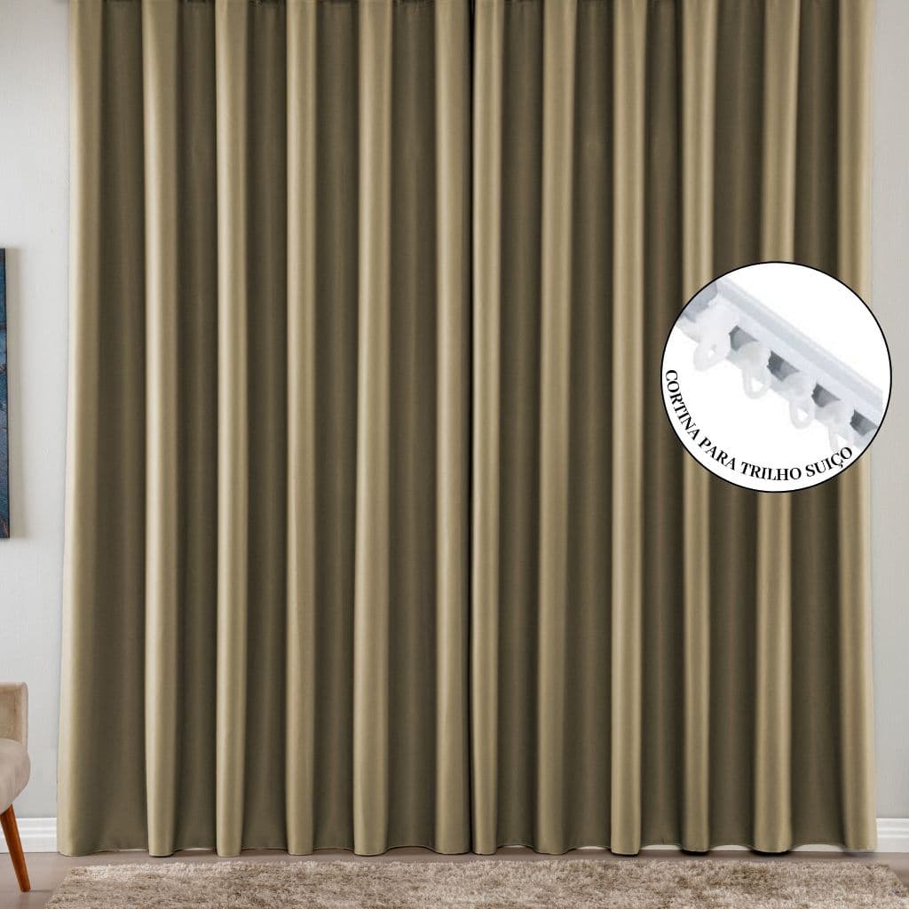 Cortina blackout bege com trilho suíço para sala ou quarto, tecido premium, fácil instalação.