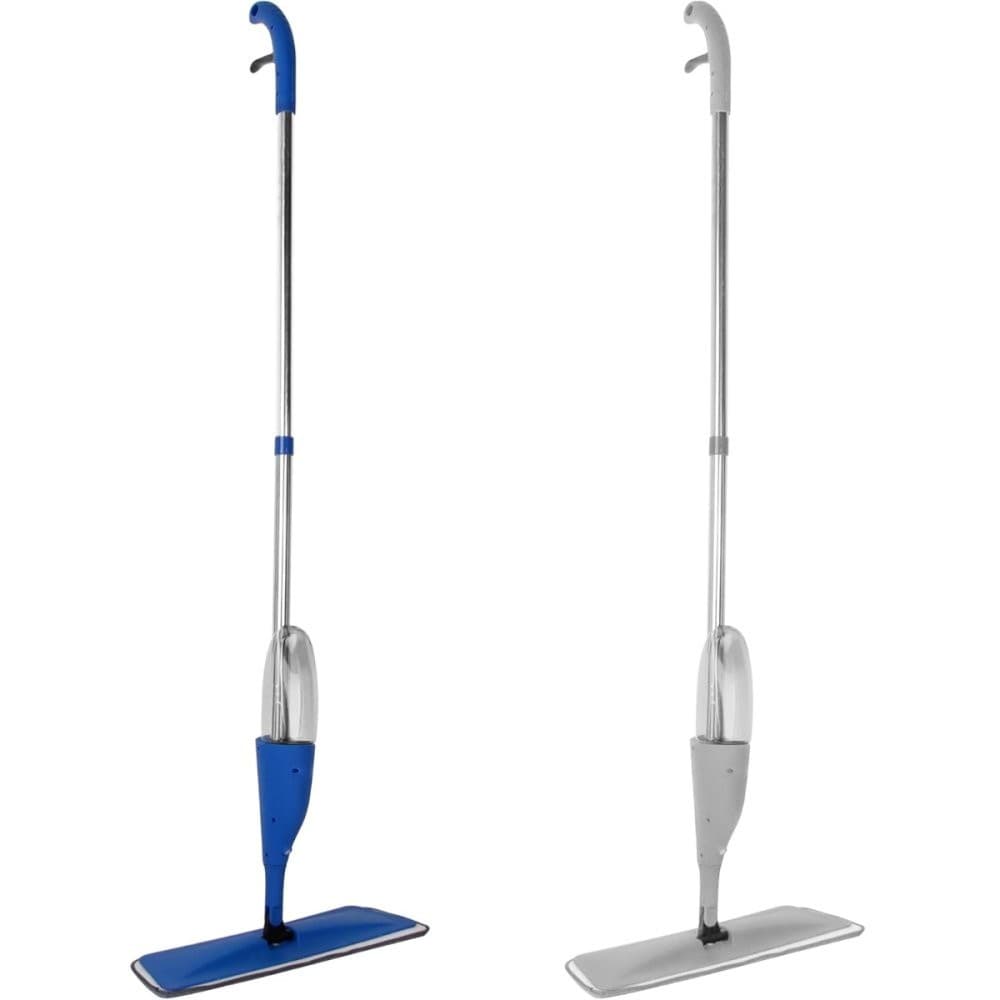 Mop spray com reservatório em azul e cinza, haste telescópica e alça ergonômica