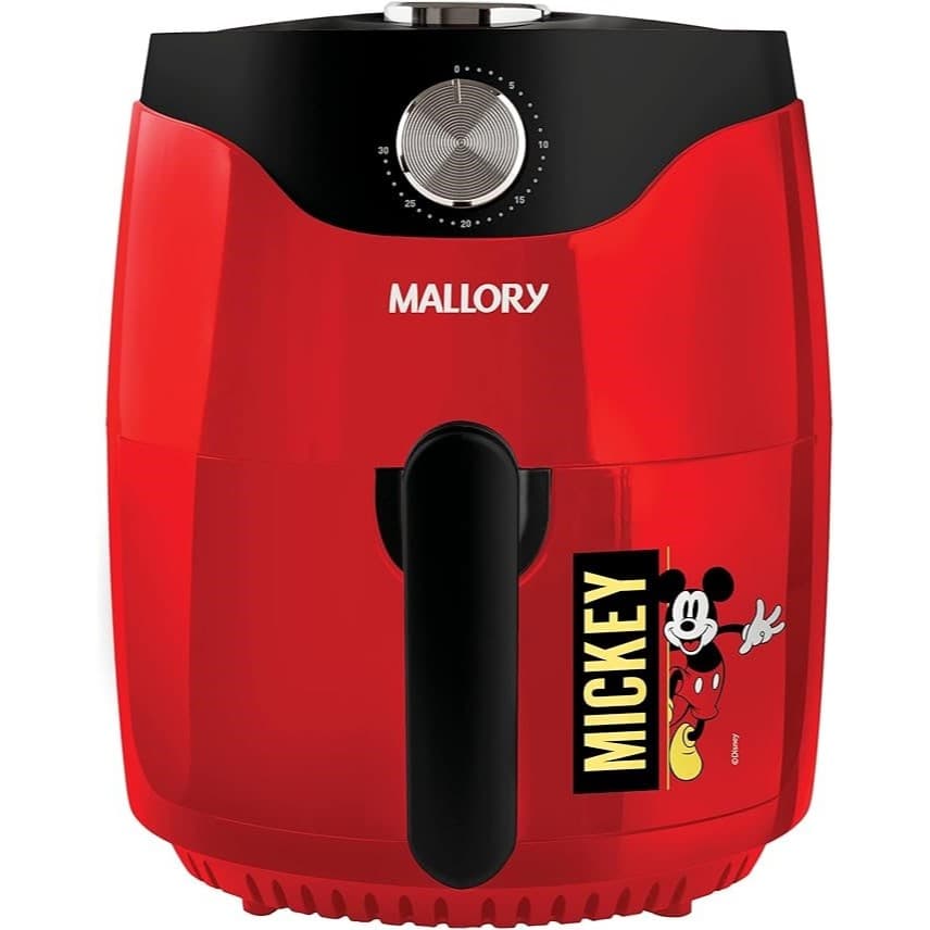 Fritadeira Mallory Mickey Mouse vermelha e preta, com design de Mickey Mouse e controle rotativo.