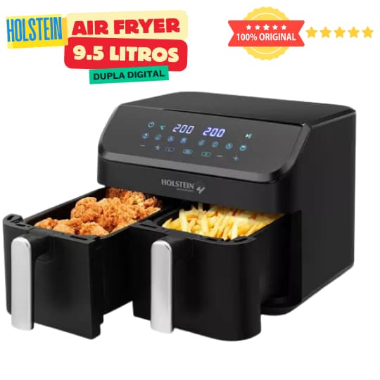 Friteira de ar Holstein digital com cesto duplo de 9,5 litros, preto, controle digital, 127V, 1.700W.