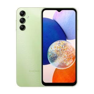 Smartphone Samsung Galaxy A14 128GB 4GB, cor verde, com câmeras traseiras e tela frontal multicolorida.