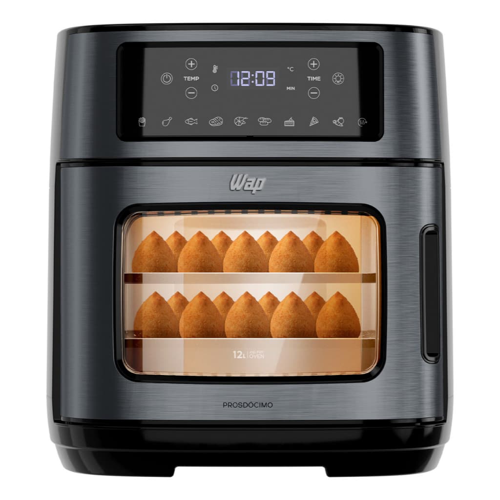 Fritadeira Elétrica Air Fryer Oven Black Inox Wap Waod2 12 Litros 4 Em 1 1800w com prato de comida frita visível