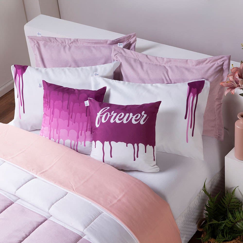 Kit 7 peças edredom colorful linho 400 fios casal queen rosa e branco com fronhas estampadas