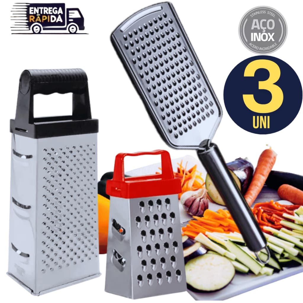 Kit 3 Unidades de Raladores Ralador Inox 24cm com 4 Faces e Mini Raladores para Legumes e Queijo