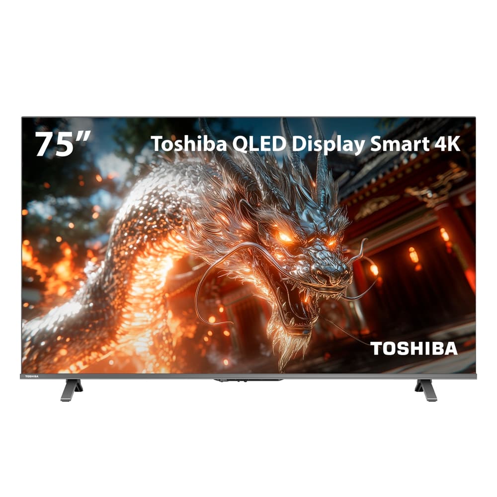 Smart TV QLED 75 4K Toshiba 75C450NS com imagem de dragão flamejante