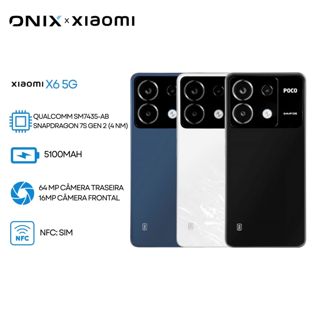 Smartphone Xiaomi Poco X6 5G em azul, branco e preto com destaque para Snapdragon 7S Gen 2, NFC, SIM e câmeras de 64MP traseira e 16MP frontal